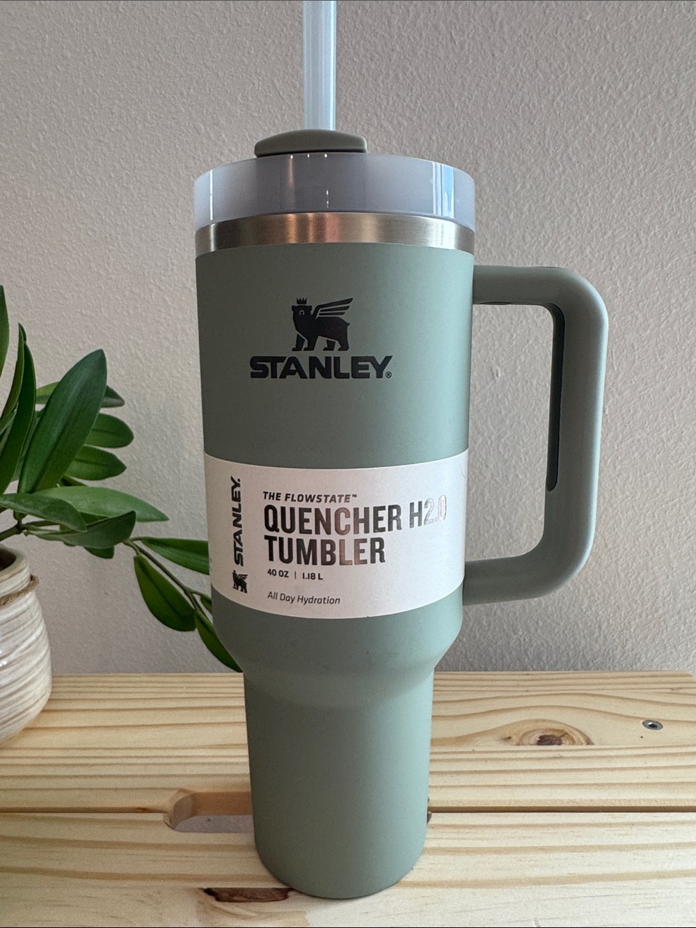 Stanley Sage Green Travel Tumbler with Handle and Clear Lid